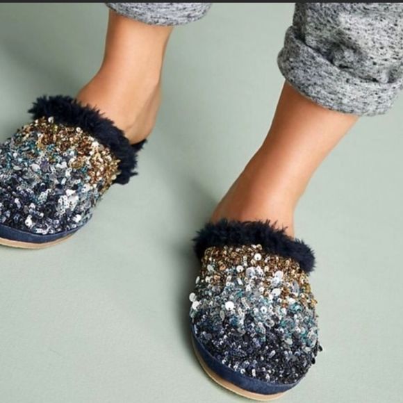 Anthropologie Shoes - Far Away from Close x Anthropologie Blue & Gold Sequined Mule Slippers Women’s 7